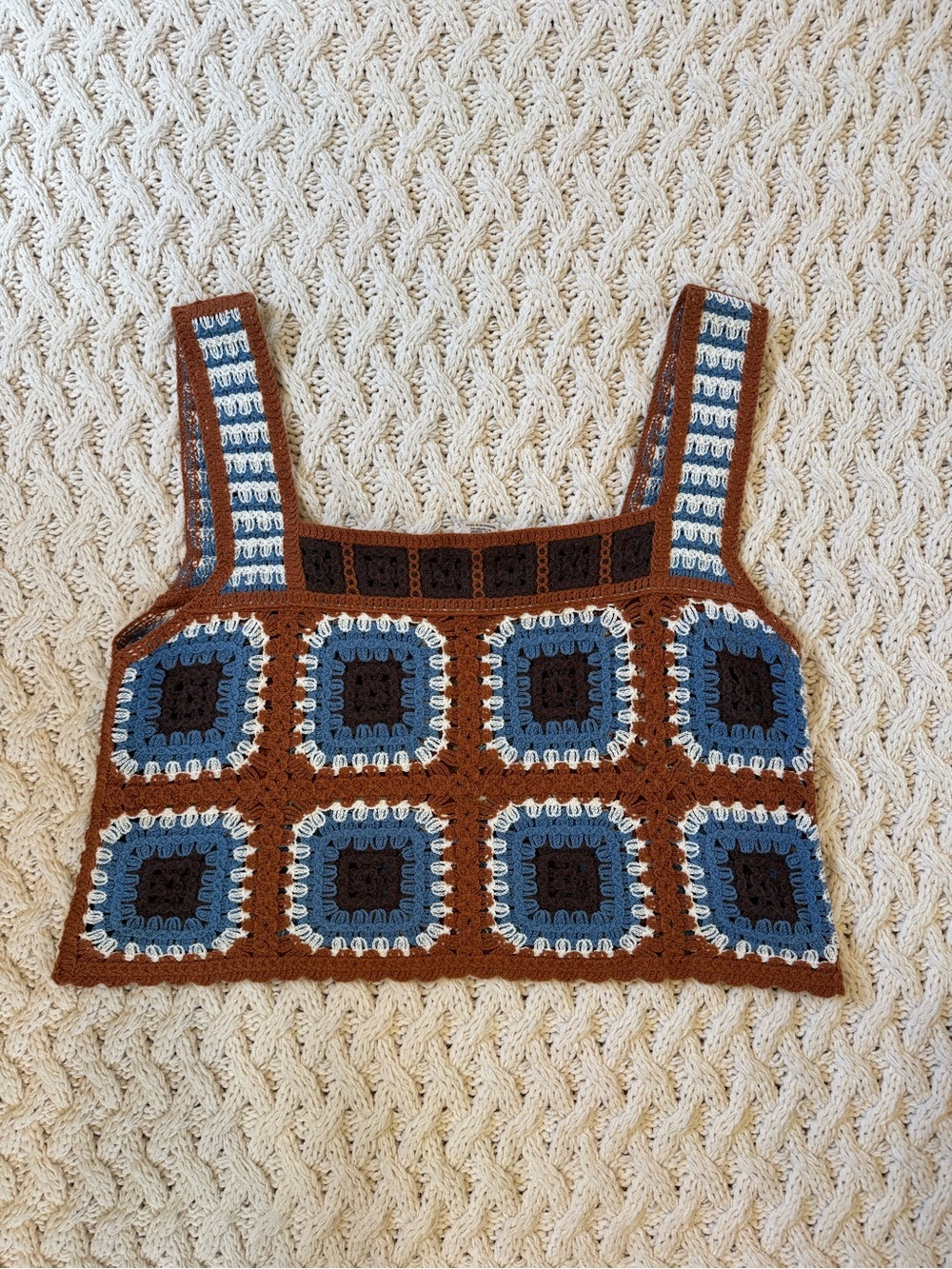 Crocheted Square Tank in Brown, Blue & Cream